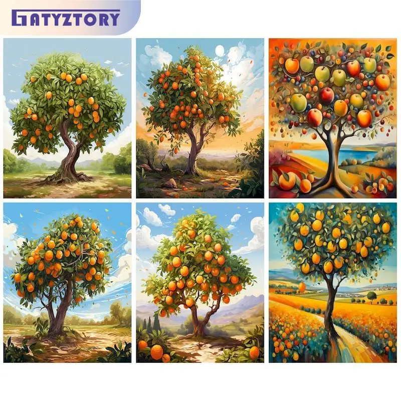 GATYZTORY Malen nach Zahlen, Baum, Landschaft, Natur, Ausmalen, gezogenes Bild auf Leinwand, Landschaft, Europa, dekorative Heimdekoration Image