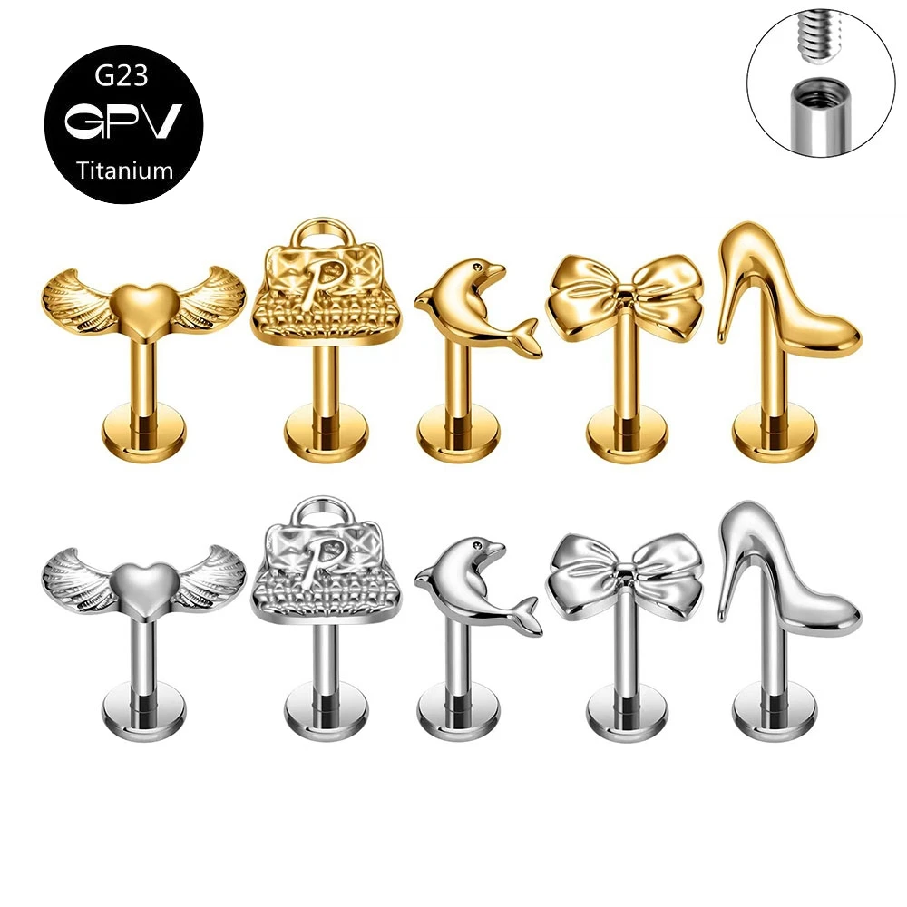 ASTM G23 Titan Lippennägel mit mehreren Innengewinde, vakuumvergoldet, High Heels, Schleifenflügel, Herz, Ohrknorpel, Nägel, Ohrnägel Image