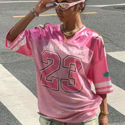 TEMU Y2k Sporty Women's Loose Fit Short Sleeve T-shirt - Transparent Letter , Machine Washable Casual Top For All , Apparel, Comfortable Clothing Image