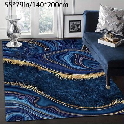TEMU Luxury Marble Print Area Rug, Machine Washable Non-slip Polyester Fiber Low Pile For Home And Office, Rectangle Rug Living Room, Bedroom, Study, And Holiday Decor - Blue And Golden, Sizes Image