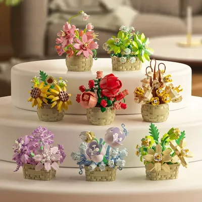 DIY MOC Topf Rose Sonnenblumen Pflanzen Sukkulenten Bonsai Baum Gärten Romantische Bausteine Modell Image