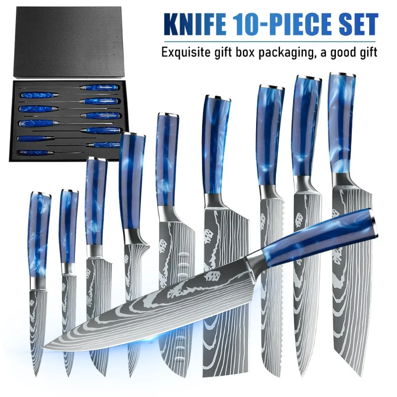 ZENG 5/8/10 Stück Küchenmesser-Set, blauer Harzgriff, 7CR17 Edelstahl, Damaskus-Lasermuster, Kochmesser, Santoku schneiden Image