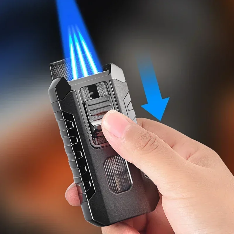 Starke Drei-feuer Direkt Blaue Flamme Zigarre Leichter Große Kapazität Gas Visuelle Vent Tragbare Aufblasbare Feuerzeug männer Gadget Image