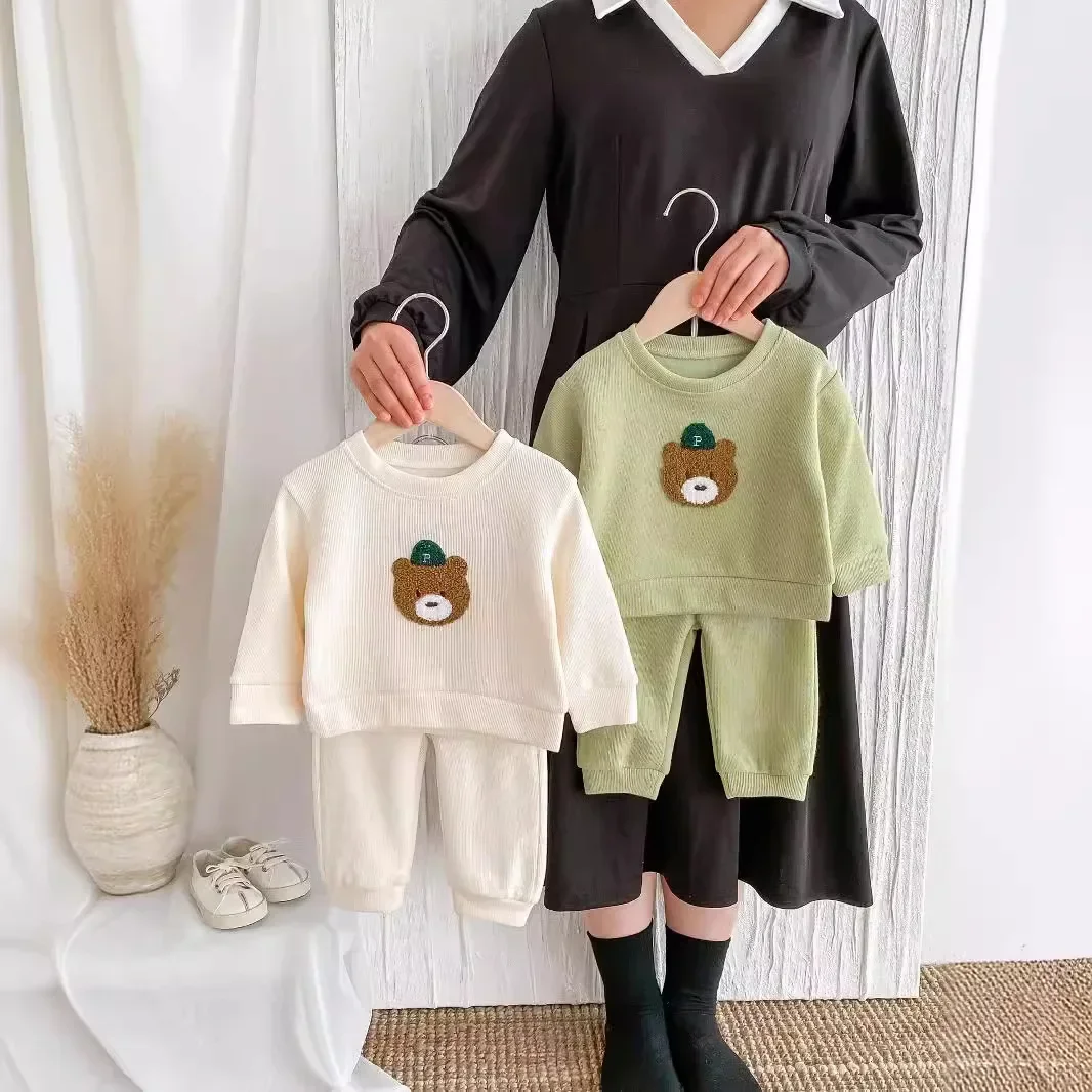 Frühling/Herbst Kinder niedlichen Bären Rundhals-Sweatshirt Set Baby lässig Cartoon zweiteiligen Kleinkind Kleinkind Sport-Outfit Image