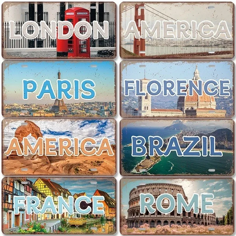 Vintage Metall Blechschilder Dekore Land Hauptstadt Stadt Nummernschild Retro Amerika Frankreich Brasilien Türkei Metall Poster Cafe Club Bar Image