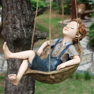 1pc Swing Boy Statue, Leisurely Atmosphere Garden Accessories, Resin Sculpture Ornament For Home