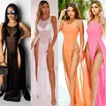 Robe longue transparente en maille pour femmes, Sexy, Cover-Up pour Bikini, robe de plage, couleur unie, transparente, sans manches, bretelles, costume de bain