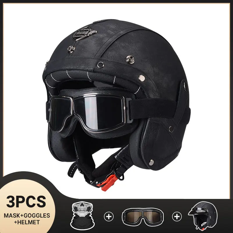Casque De Moto en cuir noir Vintage rétro visage ouvert Chopper Casque Capacete Moto De Moto Masculino Casco Moto