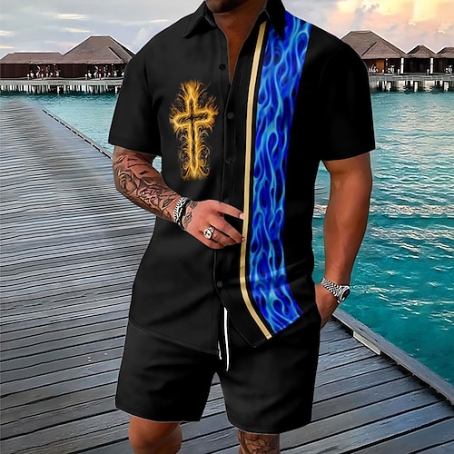 Ostern Herren Kreuz 2St Hemden-Sets Hemd Set Kurzarm Kurze Hosen Umlegekragen Vintage Lässig Täglich Festival-Outfit 3D-Druck Sommer Rubinrot Weiß Orange Image