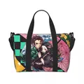Borsa tote da spiaggia personalizzata Demon Slayers Anime Manga per donna Borse da viaggio da spiaggia per palestra con grande scomparto Tanjiro Kamado Nezuko