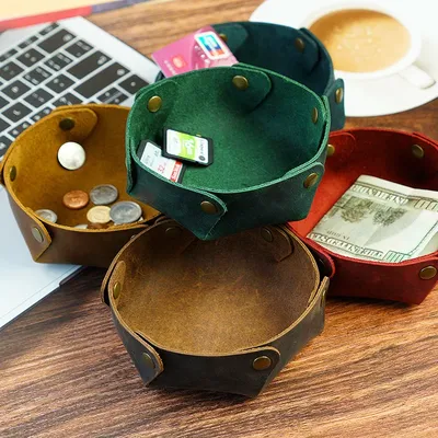 AIGUONIU Genuine Leather Key Storage Box Retro Desktop Coin Storage Bag Crazy Horse Leather Porch
