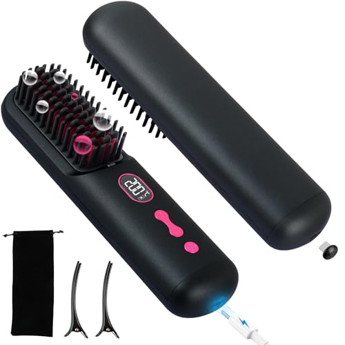 Cordless Hair Straightener Brush, 9600mAh Portable Heated Straightening Comb for Travel,Mini Negative Ion Cordless Hair Straightener Brush for Women with LCD Display, Black
