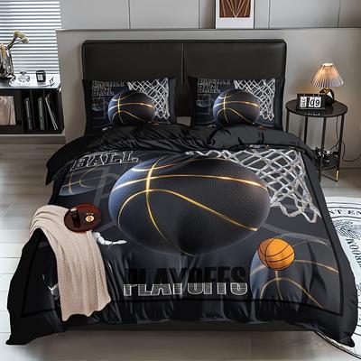 TEMU 3pcs -themed Bedding Set - 1 Duvet Cover + 2 Pillowcases, Black With & Print, Breathable Polyester, For Decor