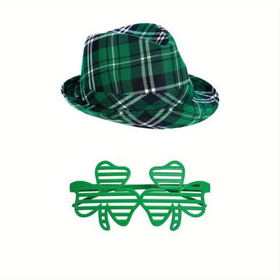 TEMU 's Day Costume Accessories Set - Hat, Shamrock Fashion Glasses, Mustache & Beaded Necklace - Polyester Party Outfit For Irish Celebrations, Best For Christmas