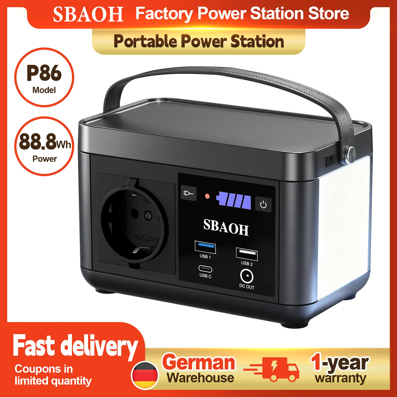 Tragbares Kraftwerk, 120 W, 88,8 Wh, Solargenerator, Schnellladung / 230 V AC-Steckdosen/DC-Anschlüsse und LED-Taschenlampe, Lithiumbatterie Image