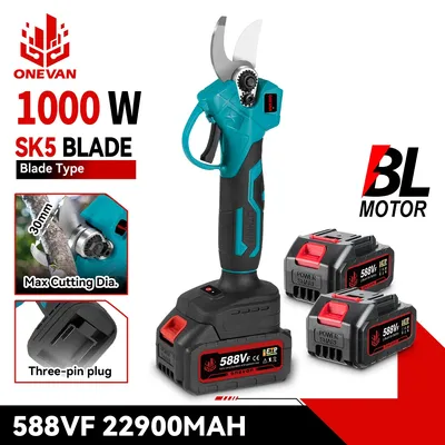 ONEVAN 30mm Bürstenlose Elektrische Gartenschere 3-pin Stecker Elektrische Schere Cordless Obst Baum Beschneiden Werkzeug Für 21V 18V Batterie