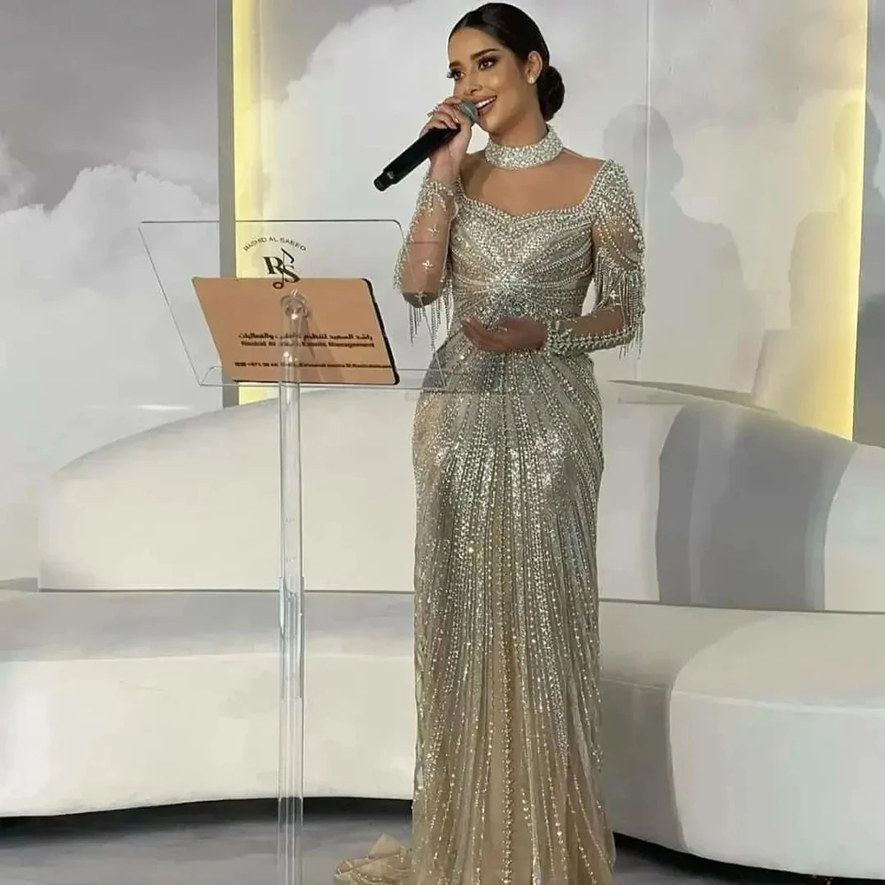 MYMB Luxus Meerjungfrau Neckholder Arabisch Champagner Hochzeitsgast Kleider für Frauen Party Elegante Lange Ärmel Perlen Abendkleider