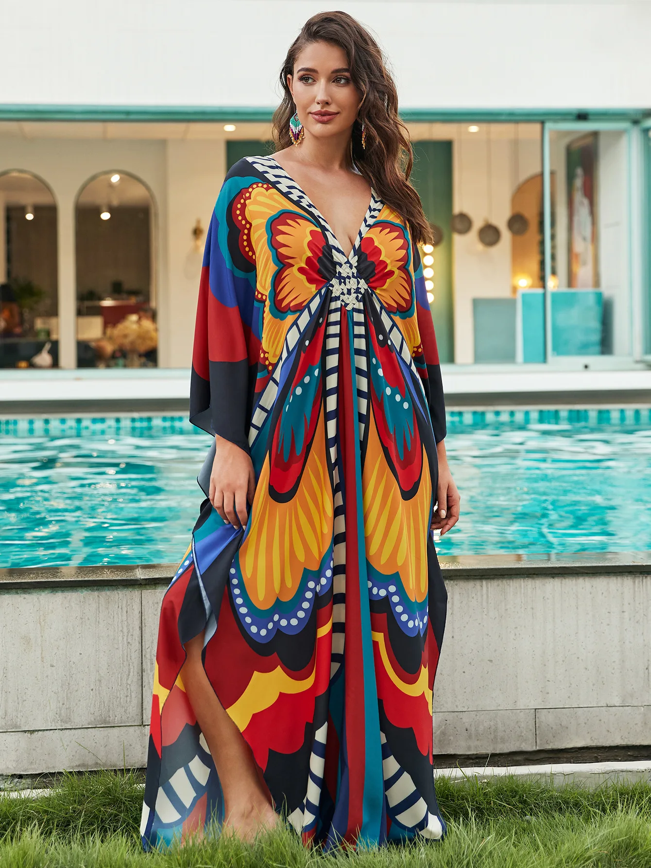 Plus Size Kaftan-Kleider für Damen, bedruckt, Strand-Bikini, Badeanzug, Kaftan, Mumu-Kleid, Fledermausärmel, Vertuschung Image