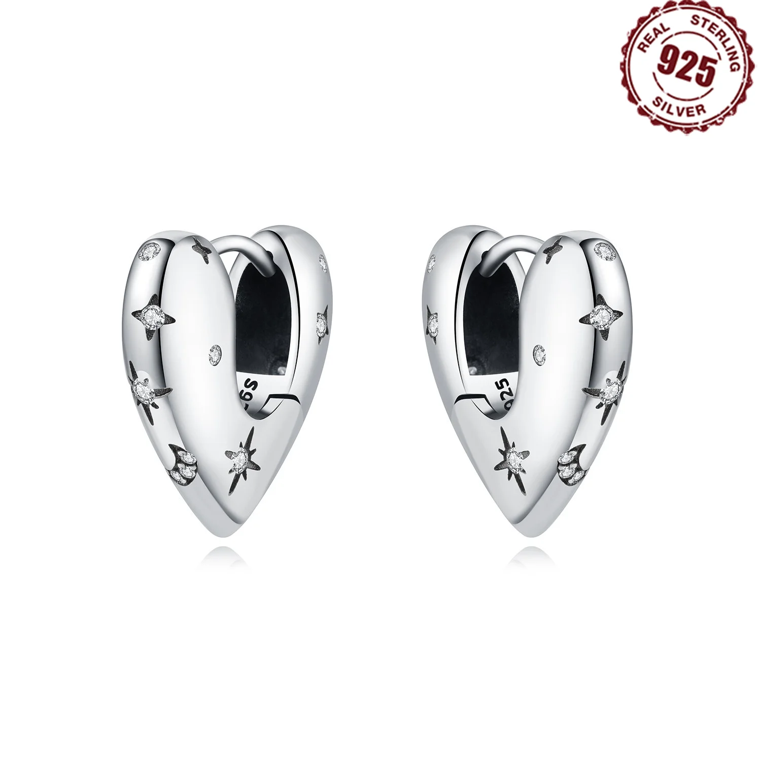 Ohrringe aus 925er-Sterlingsilber, Stern, Mond, Herzform, Schmuck, vielseitige Creolen für Frauen, Schmuck, feine Geburtstagsfeier-Geschenke Image