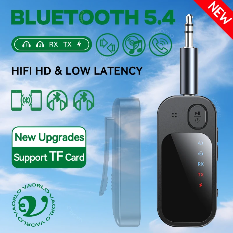 2-in-1-Multipoint-Dual-Stream-Bluetooth 5.4-Audiosender-Empfänger 3,5-mm-AUX-Cinch-TF-Kartenwiedergabe HIFI HD-Wireless-Adapter mit geringer Latenz und Mikrofon für TV-PC-Kopfhörer Autoflugzeug Image
