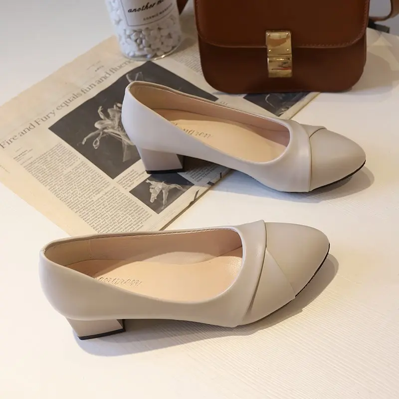 Shoes Women Mid Heel Office Lady Pumps PU Leather Black Basic Square Heeled Spring Autumn Loafers Female Zapatos Size35-41