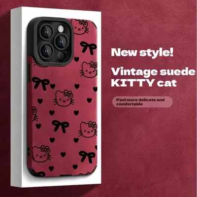 Vintage Suede Kitty Cat Iphone Case For Iphone 16 15 14 13 12 Pro Max Hard Clear Shockproof