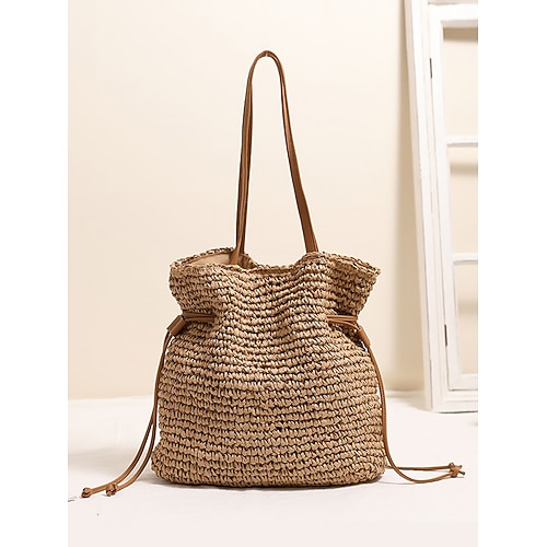 borsa a secchiello in paglia intrecciata a mano – borsa a tracolla con coulisse boho, borsa da spiaggia estiva leggera per donna, accessorio casual per vacanze e viaggi colore beige caffè