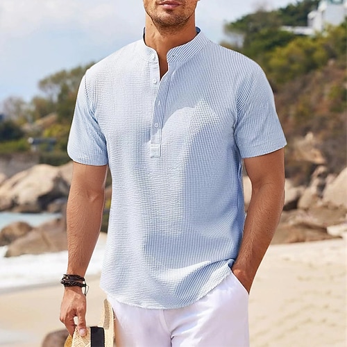 Per uomo Camicia Camicia popover Camicia Estiva Camicia casual Camicia da Spiaggia Camicia con Bottoni Nero Bianco Rosa Blu marino Blu Manica Corta Colore Solido / Tinta Unita Colletto alla coreana