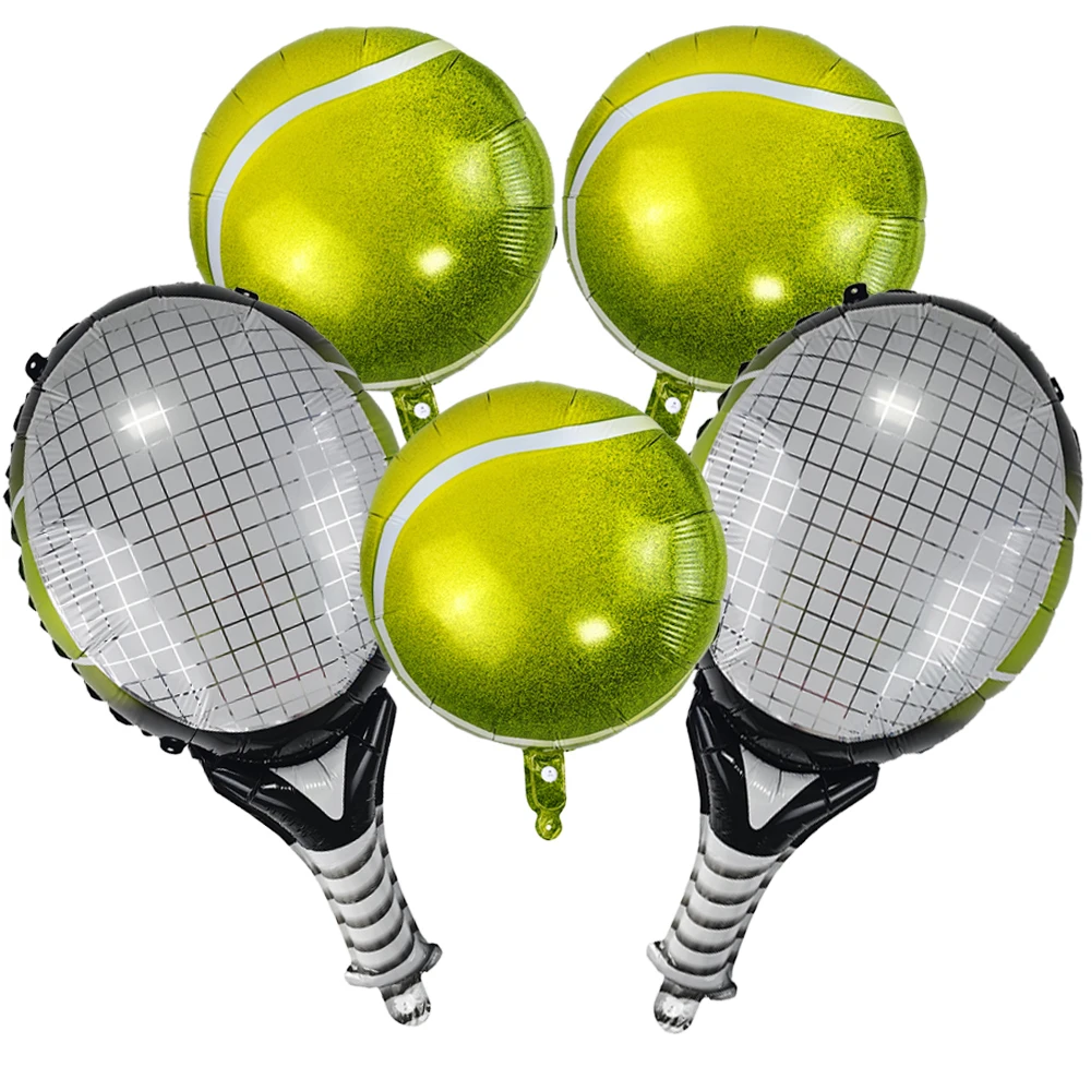 5pcs Tennis Party Balloons Supplies Tennis Racket Shape Mylar Balloons for Sports Tennis Theme Birthday Party Decoration