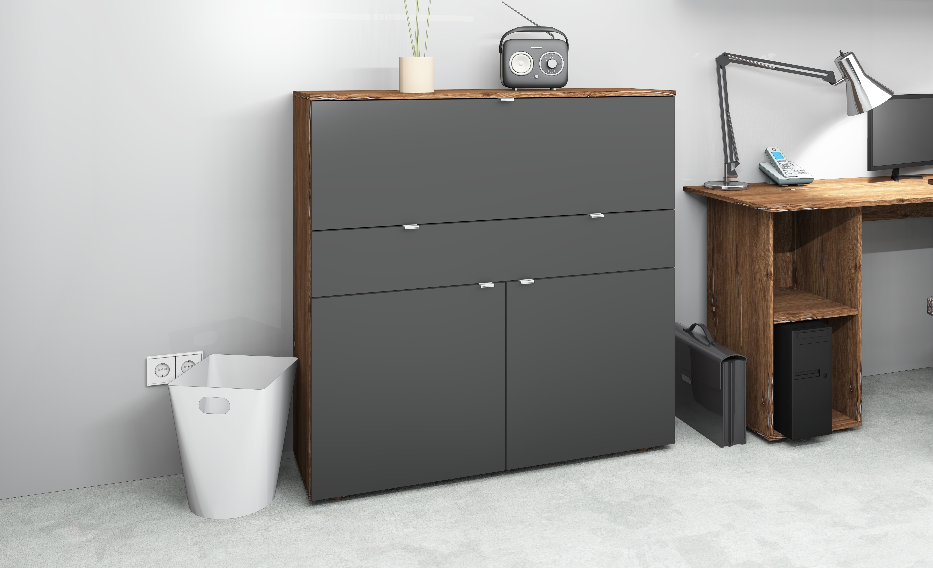 Sekretär BORCHARDT MÖBEL "Dolly", grau (eichefarben vintage, graphit matt), B:110cm H:109cm T:35cm, Sekretäre, Sekretär, platzsparend, Home-Office-Schreibtisch, Breite 110 cm, Made in Germany