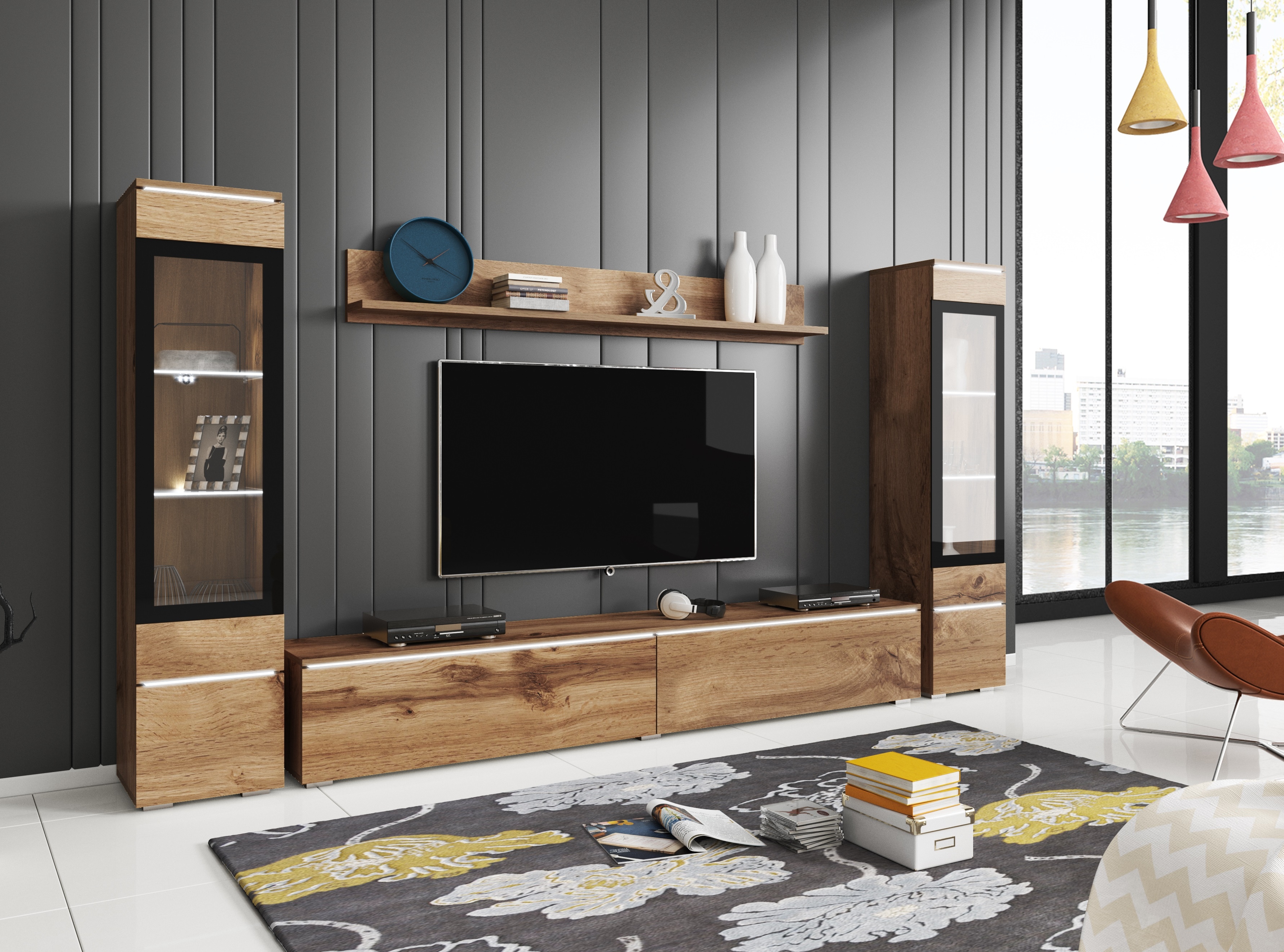 Wohnwand INOSIGN "VERA II", braun (votaneichefarben), B:260cm H:130cm T:33cm, Kastenmöbel-Sets, Vitrine mit Verglasung, stehend und hängend, inklusive Beleuchtung, Topseller