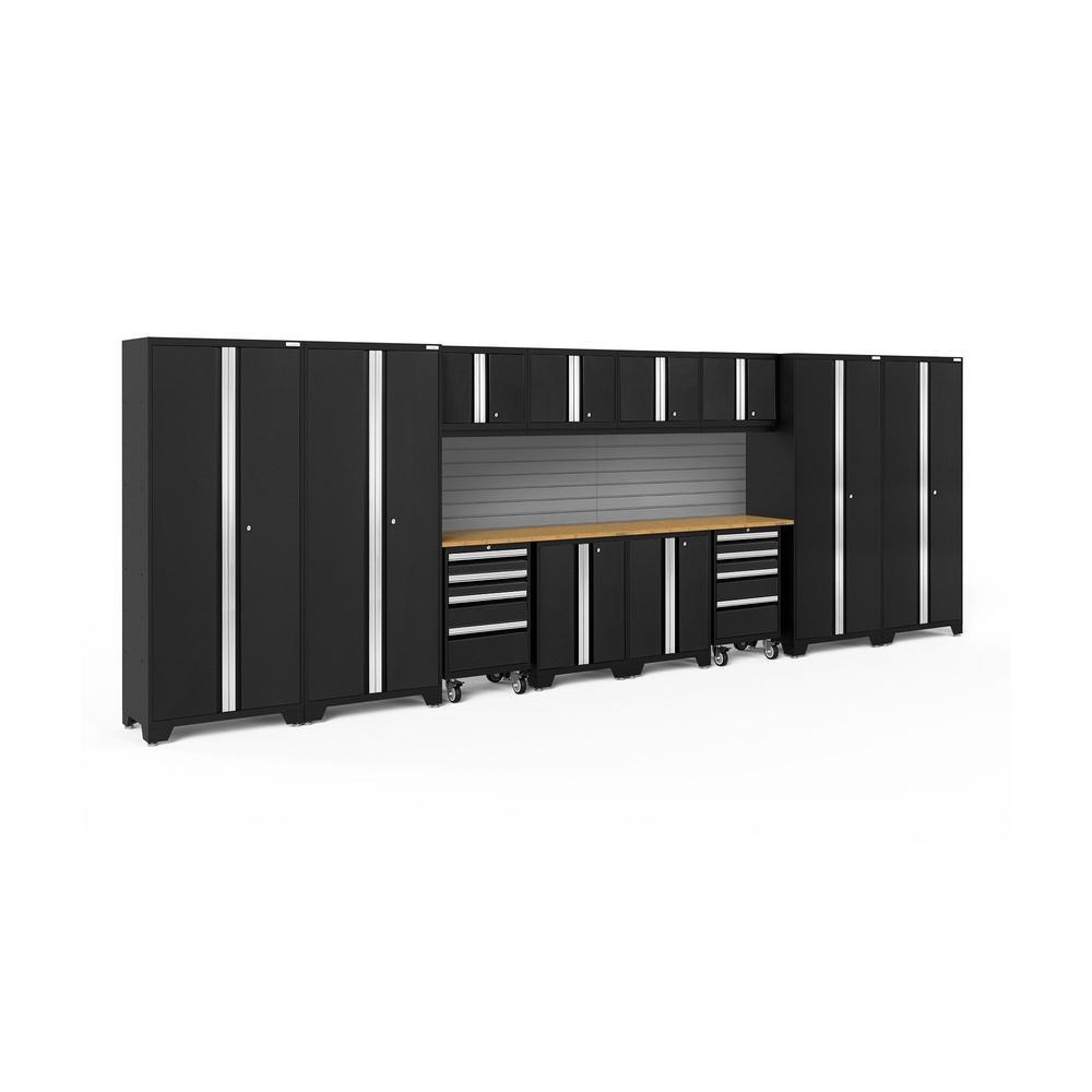 Newage Products Bold 3.0 Series 14-Piece Garage Cabinet Set With 4X Multi-Use Lockers, Black / Bamboo Worktop / Slatwall Backsplash