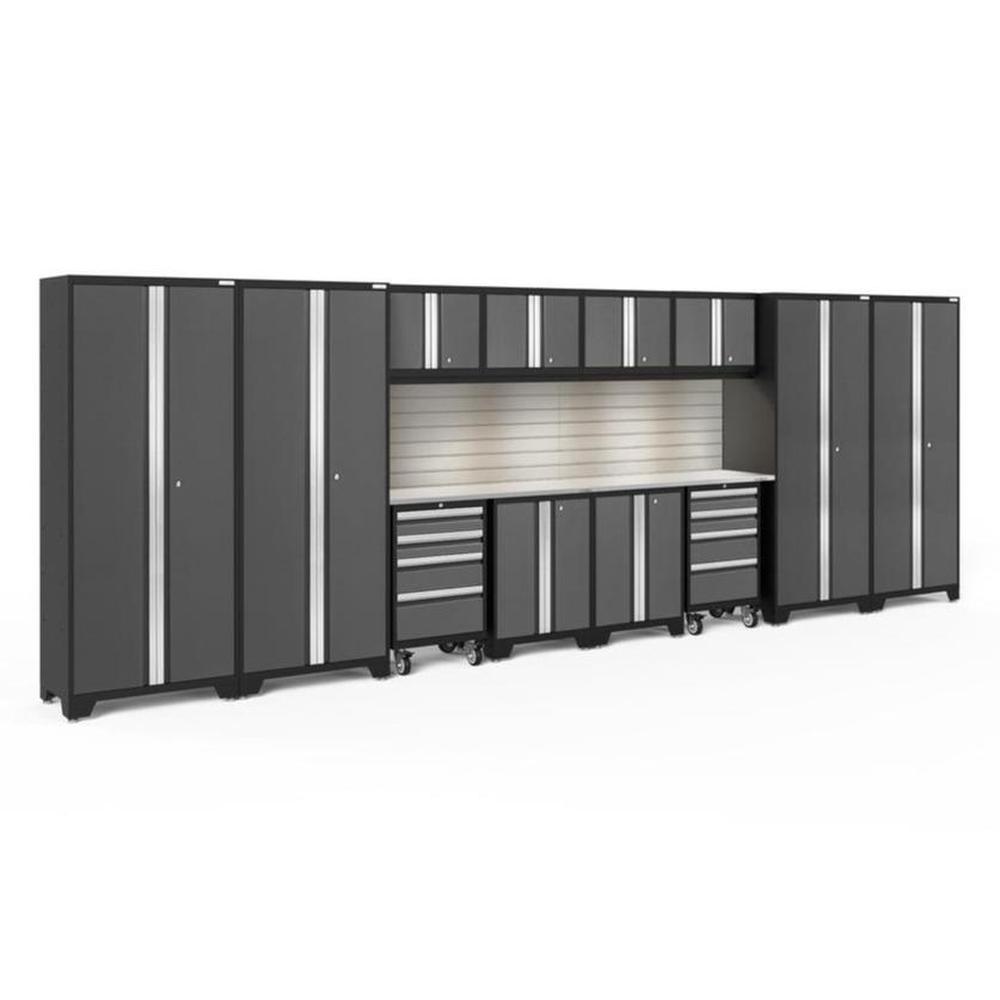 Newage Products Bold 3.0 Series 14-Piece Garage Cabinet Set With 4X Multi-Use Lockers, Grey / Stainless Steel Worktop / LED Lights + Slatwall Backsplash