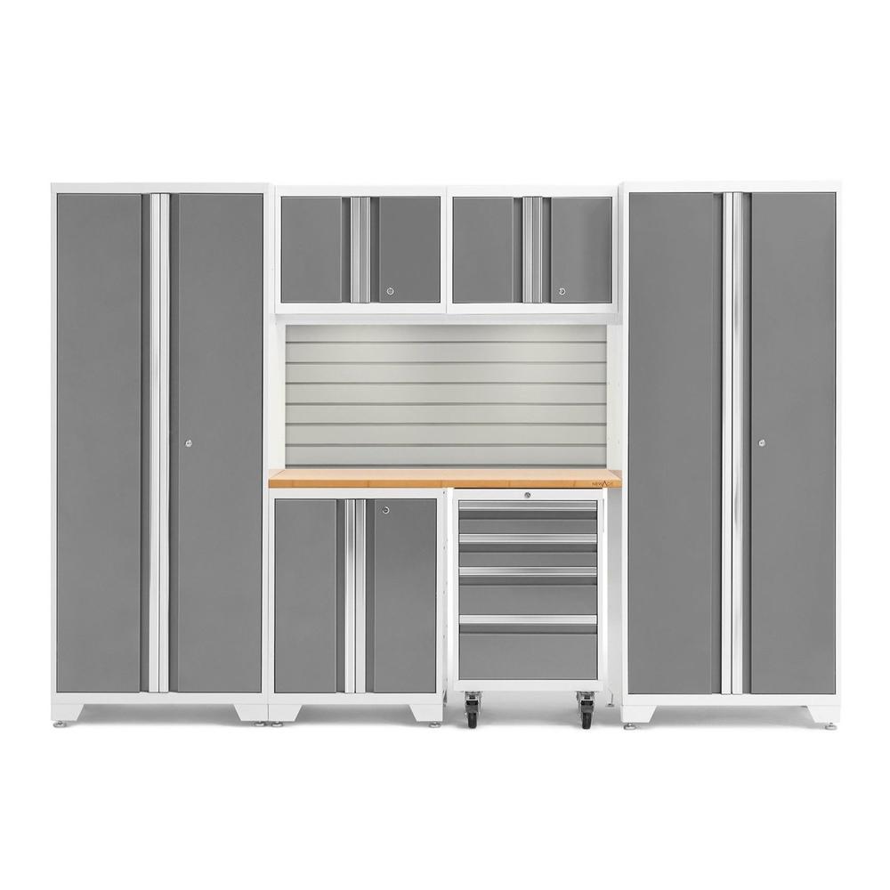 Newage Products Bold 3.0 Series 7-Piece Garage Cabinet Set, Platinum / Bamboo Worktop / LED Lights + Slatwall Backsplash