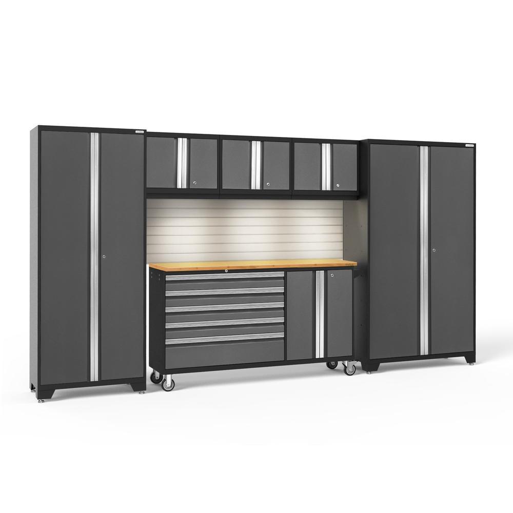 Newage Products Bold 3.0 Series 6-Piece Garage Cabinet Set With Project Center, Grey / Bamboo Worktop / LED Lights + Slatwall Backsplash
