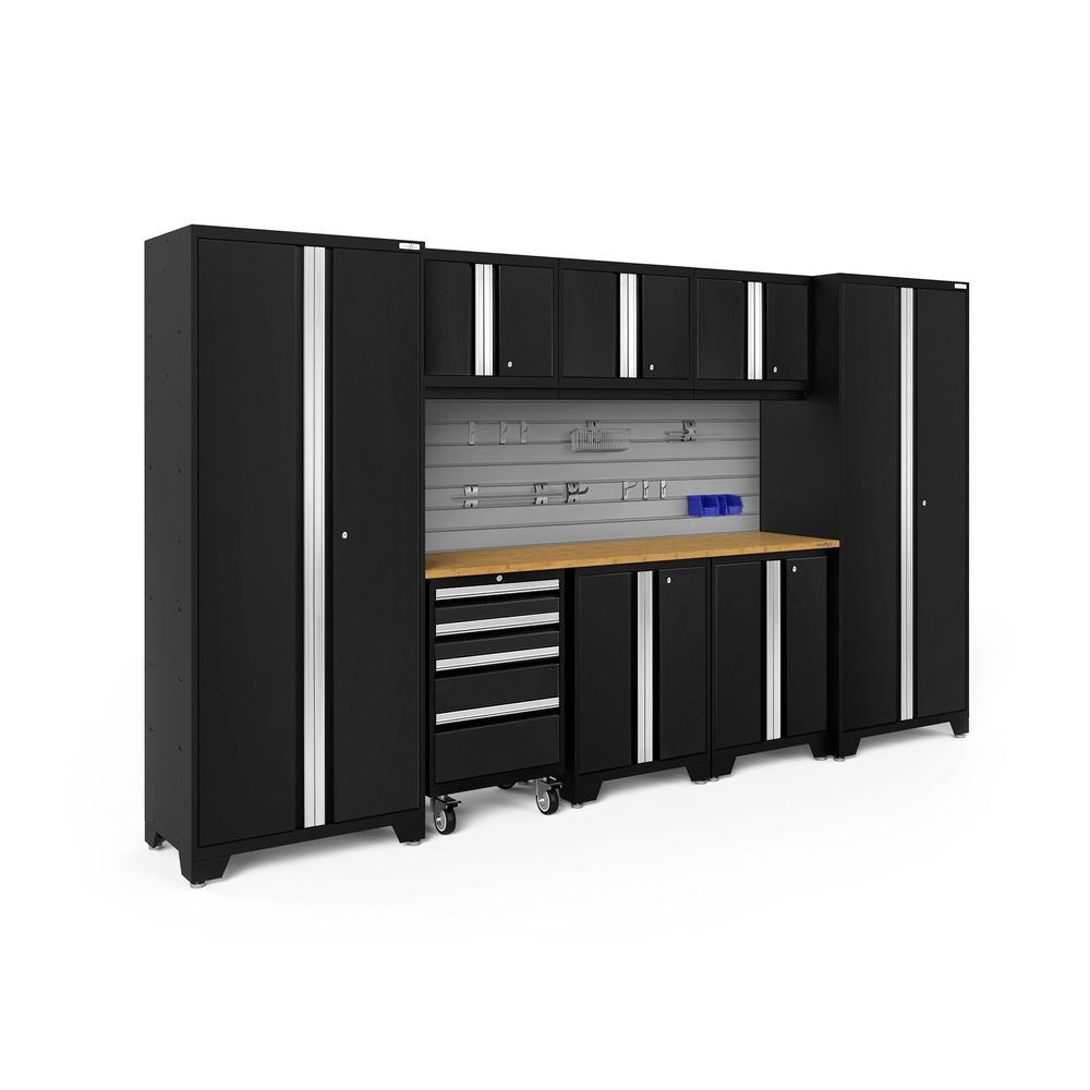 Newage Products Bold 3.0 Series 9-Piece Garage Cabinet Set, Black / Bamboo Worktop / Slatwall Backsplash + 12-Piece Hook Kit