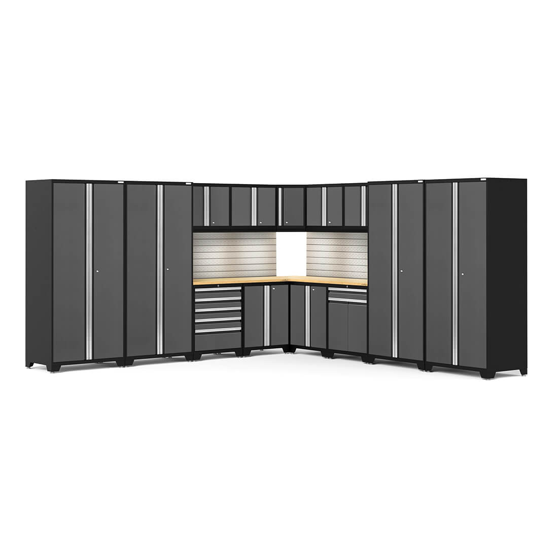 Newage Products Pro 3.0 Series 16-Piece Garage Cabinet Corner Set, Grey / Bamboo Worktop / LED Lights + Slatwall Backsplash