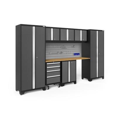 Newage Products Bold 3.0 Series 8-Piece Garage Cabinet Set, Grey / Bamboo Worktop / Slatwall Backsplash + 12-Piece Hook Kit