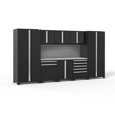 Newage Products Pro 3.0 Series 9-Piece Garage Cabinet Set With Multi-Function Cabinet, Black / Stainless Steel Worktop / Slatwall Backsplash