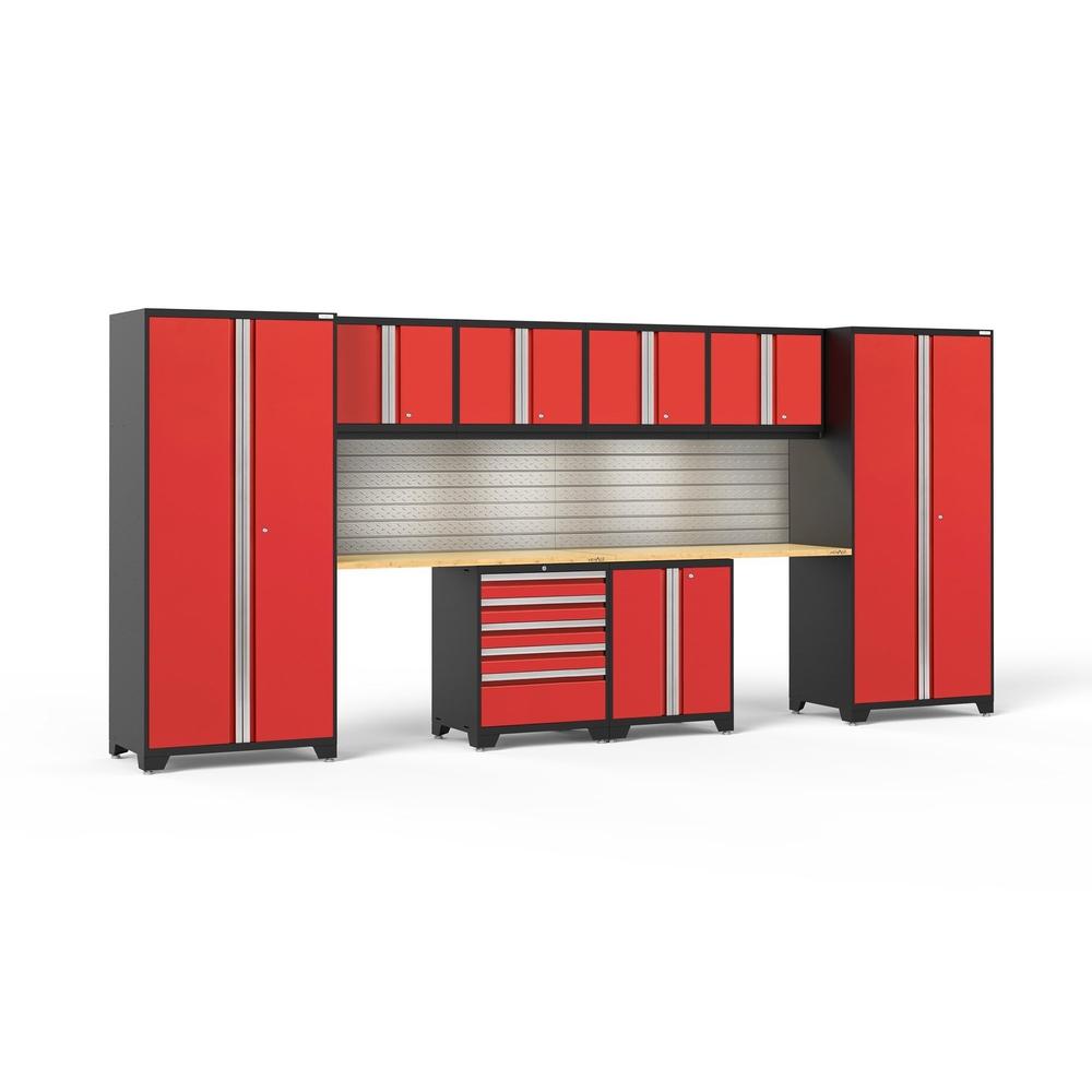 Newage Products Pro 3.0 Series 10-Piece Garage Cabinet Set With 2-Door Base Cabinet, Red / Bamboo Worktop / LED Lights + Slatwall Backsplash