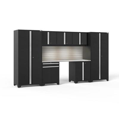 Newage Products Pro 3.0 Series 8-Piece Garage Cabinet Set With Multi-Function Cabinet, Black / Stainless Steel Worktop / LED Lights + Slatwall Backsplash