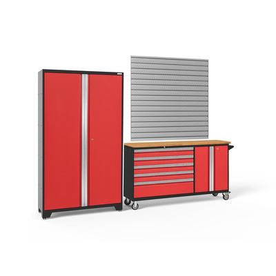 Newage Products Bold 3.0 Series 2-Piece Garage Cabinet Set With Project Center, Red / Bamboo Worktop / Slatwall Backsplash