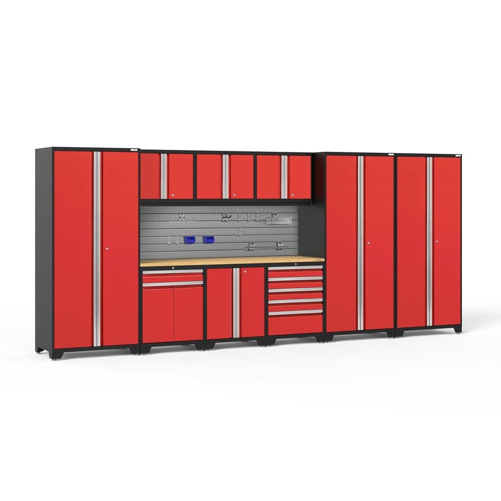 Newage Products Pro 3.0 Series 10-Piece Garage Cabinet Set With 3X Multi-Use Lockers, Red / Bamboo Worktop / Slatwall Backsplash + 12-Piece Hook Kit