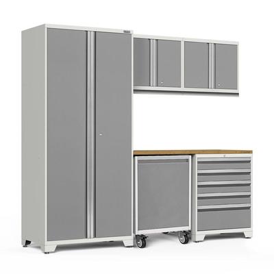 Newage Products Pro 3.0 Series 6-Piece Garage Cabinet Set With Utility Cart, Platinum / Bamboo Worktop