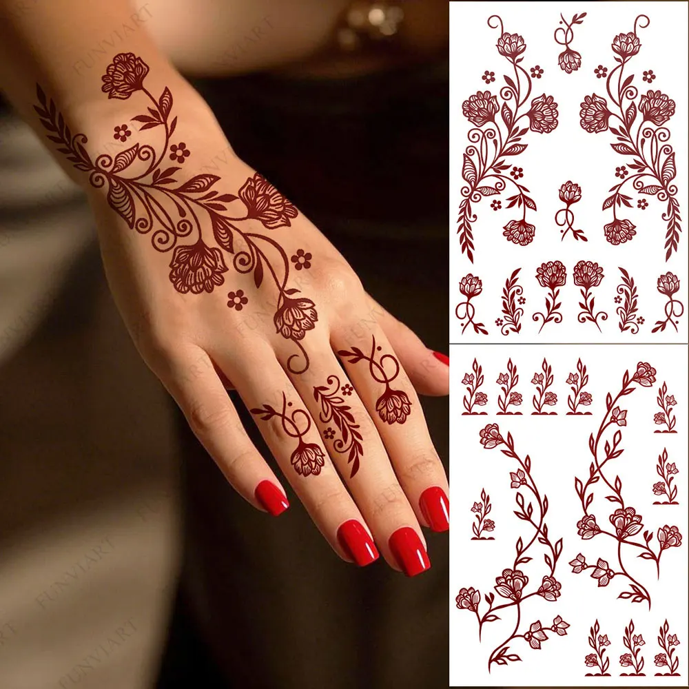 Einweg-Henna-Tattoos für die Hand, kastanienbraune Blume, Blattmuster, Tattoo-Aufkleber für Frauen, Hand, Fuß, Körper, Dekor, temporäres Fake-Tattoo Image