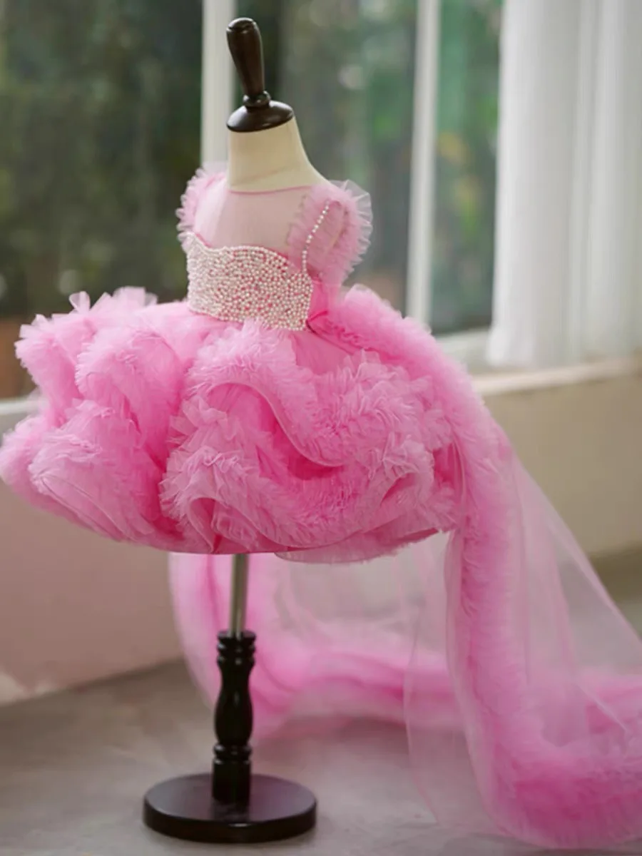 Prinzessin Blumen mädchen Kleid elegante Baby rosa Perlen Tüll geschwollene Baby Kinder Hochzeit Geburtstag Ballkleider Klavier Performance-Kleid Image