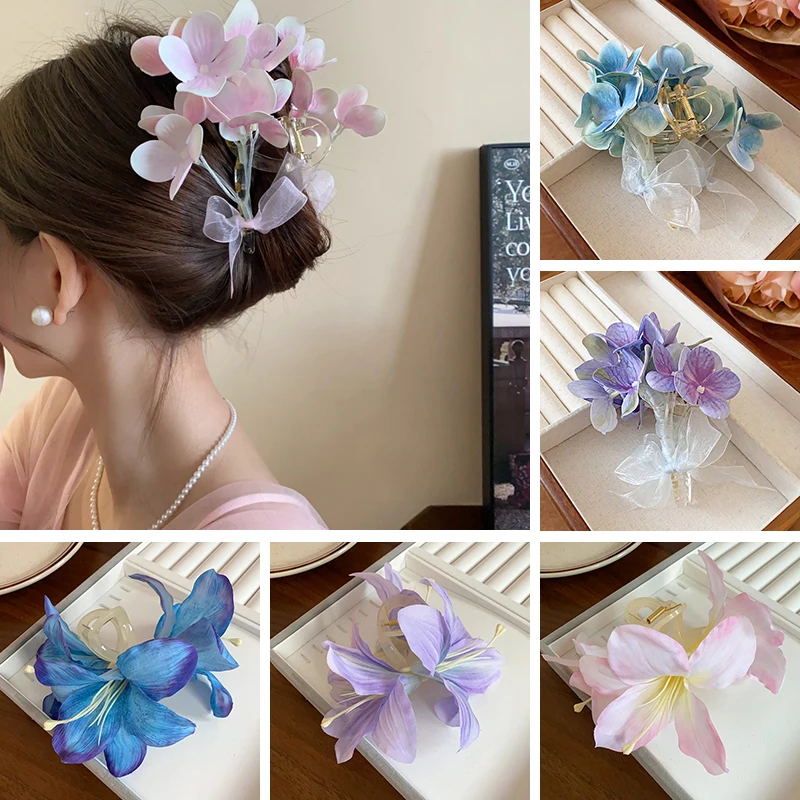 1/2 Stück Farbverlauf Rosa Blau Lila Künstliche Blume Acryl Hai Haar Krallen für Frauen Süße Fairycore Urlaub Zubehör Sets Image