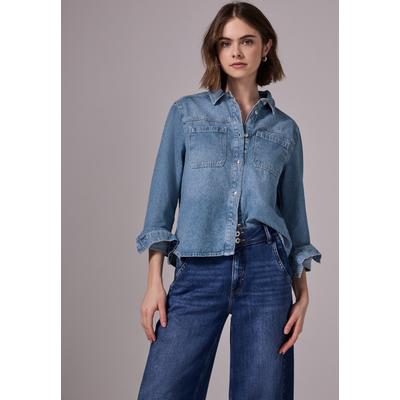 Jeansjacke STREET ONE STUDIO, Damen, Gr. 42, blau (light blau wash), Jeans, 100% Baumwolle, unifarben, casual, normal kurz, V-Ausschnitt, Langarm Manschette, Jacken, mit Brusttasche Image