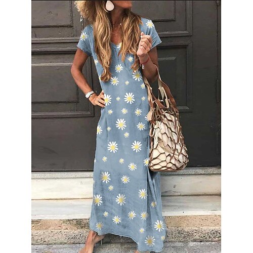 Damen Langes Kleid Maxikleid Freizeitkleid Sommerkleid Mode Täglich Urlaub Ferien Lässiger Schnitt Blumen Gänseblümchen Kurzarm V Ausschnitt Grau Leicht Blau Sommer Image