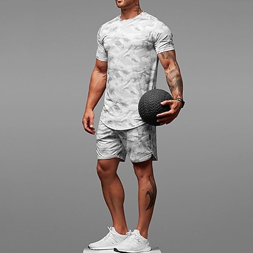 Herren Trainingsanzug Outfit-Set Kurze Hosen Rundhalsausschnitt Outdoor Täglich Sport Tasche Kordelzug 2 teilig Tarnfarben Weiß Dunkelgrau Armeegrün Polyester Sportkleidung Klassisch Brautkleider Image